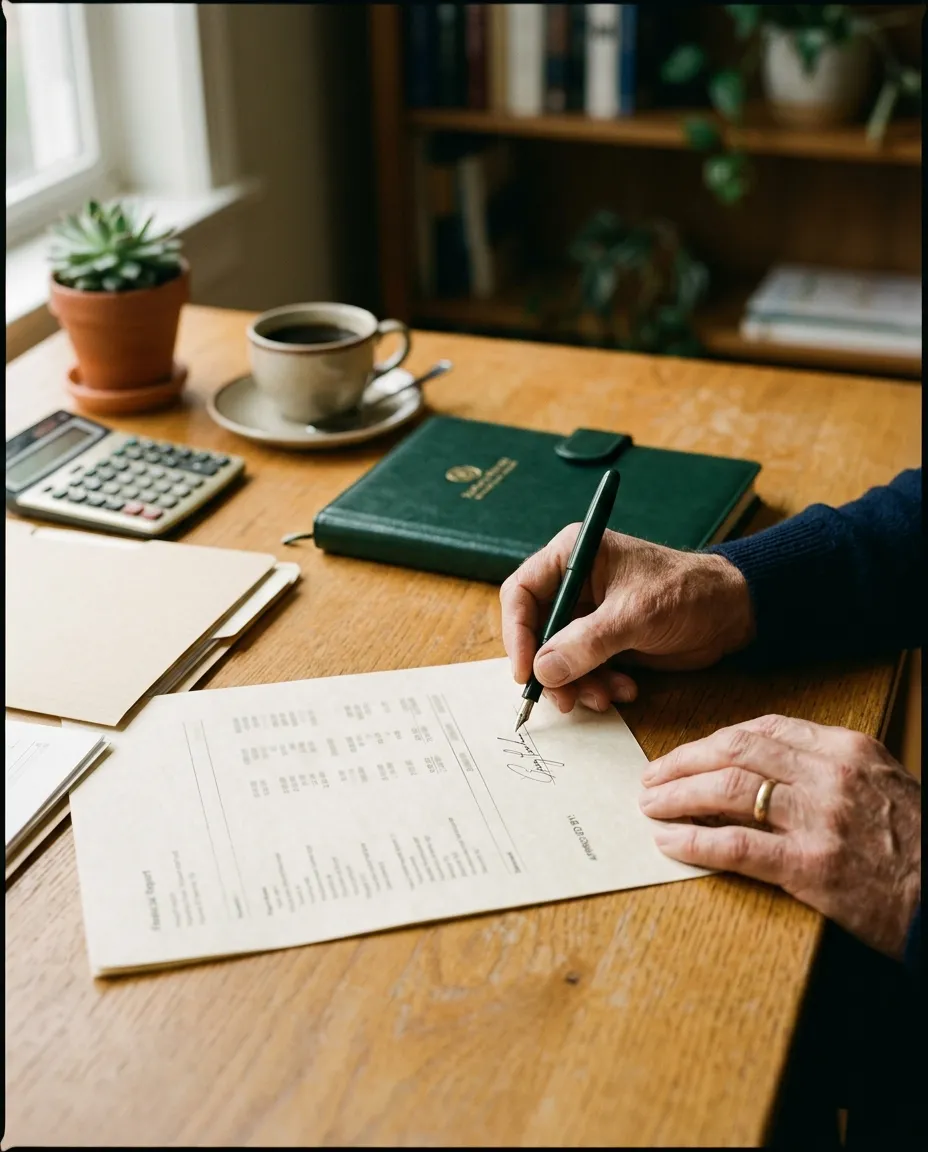A Cadwall partner signing a client's financial statements by hand