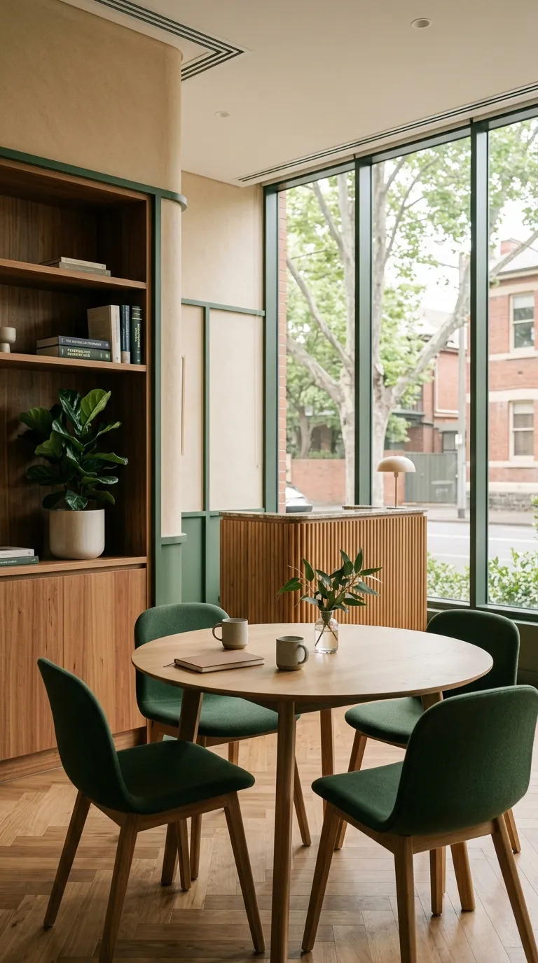 Warm timber-and-green reception and meeting area inside the Cadwall office