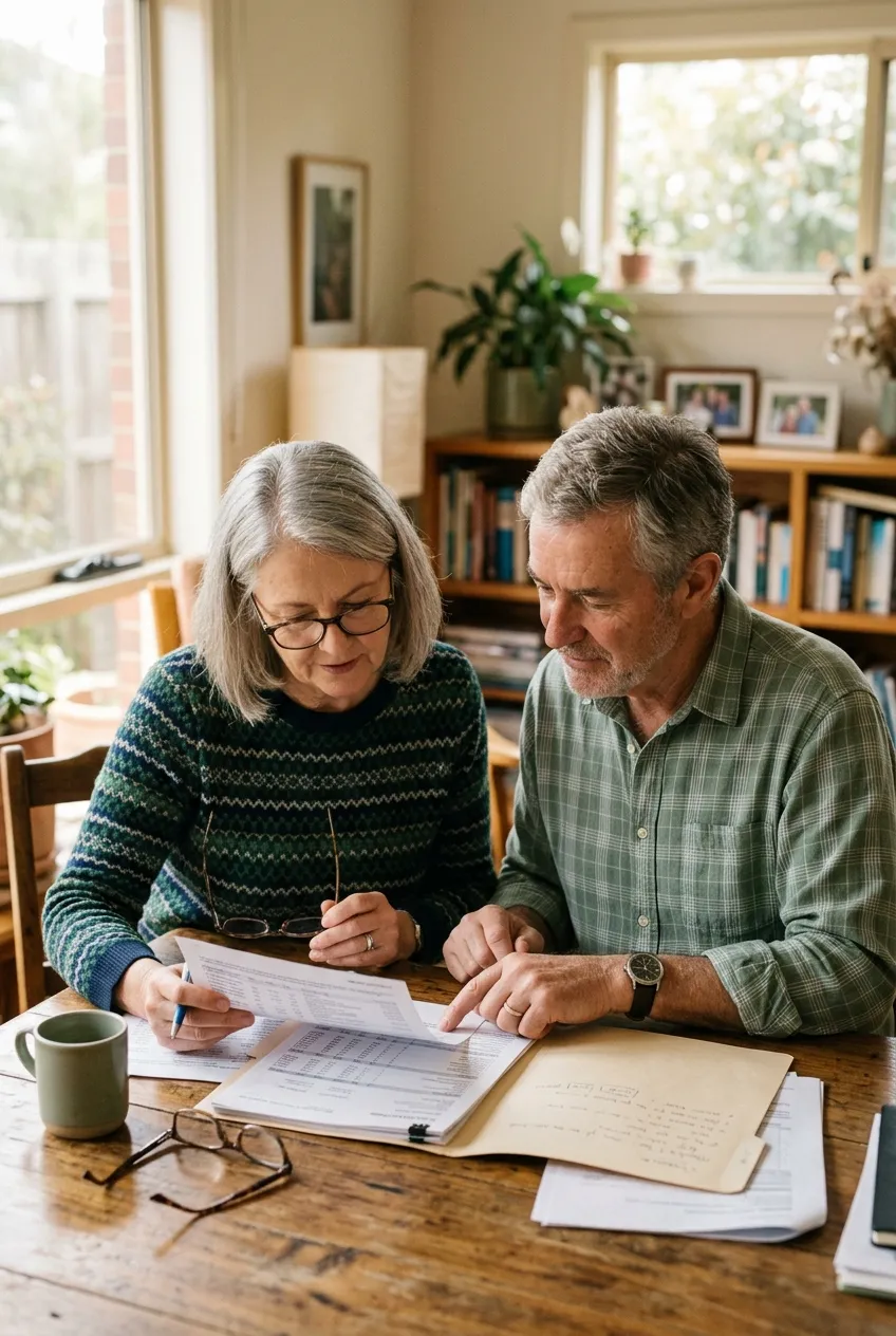 Retired couple reviewing their SMSF documents together at home