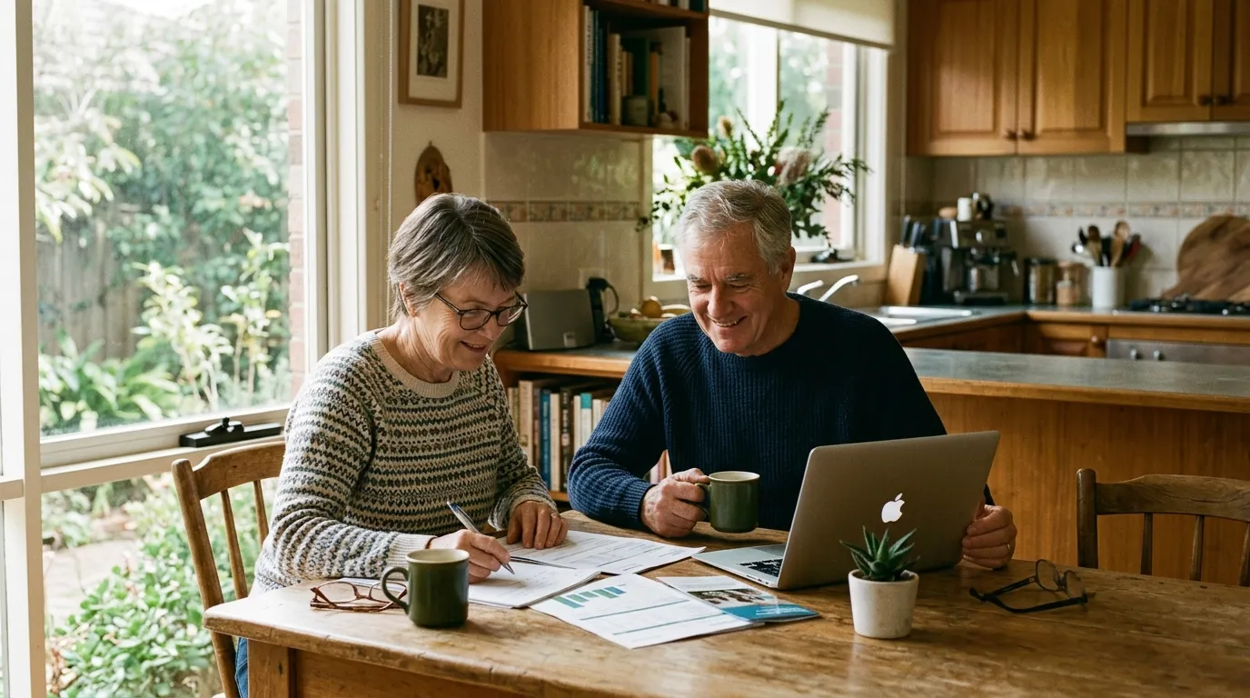 Retired couple reviewing their super paperwork at home