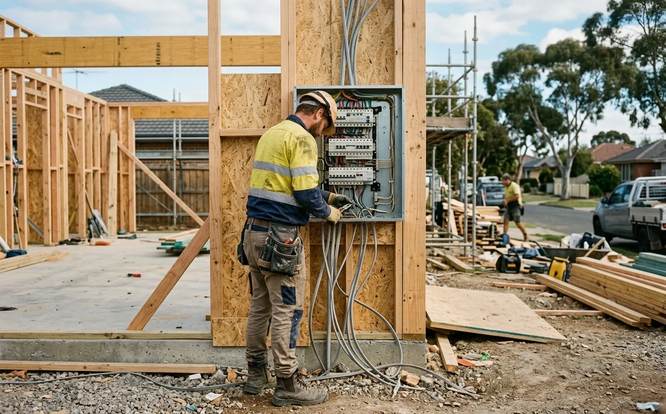 Electrician wiring a switchboard on a Melbourne residential build
